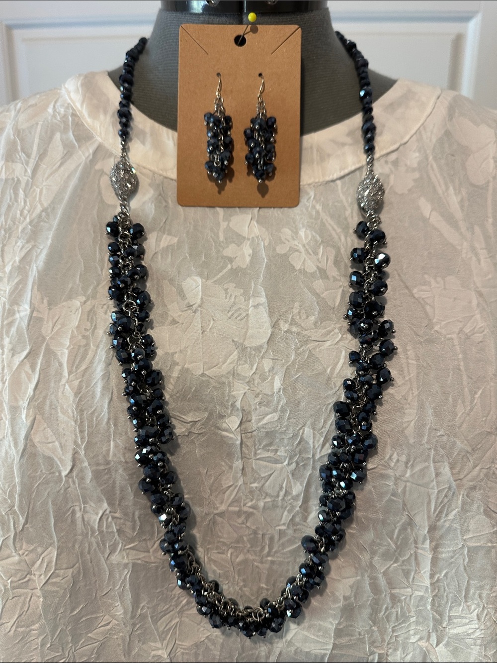 Chico's Onyx Crystal Cluster Necklace with Matching Earrings